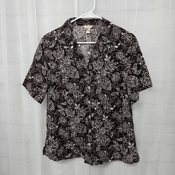 Brown White Floral Button Down Blouse Casual Boho Beach Summer 1X 16W - Picture 7 of 10